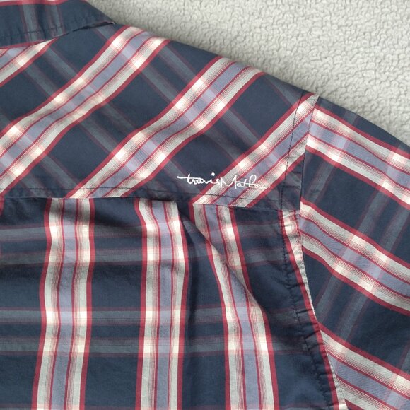 Travis Mathew Men’s Plaid Button-Up Shirt Large Short Sleeve Navy Red - Picture 16 of 16